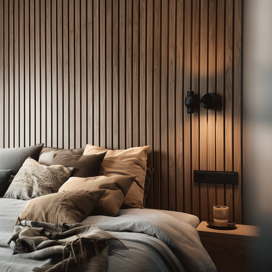 Sänggavel i akustikpanel, från golv till tak, bredd 190 cm, träslag BRED valnöt