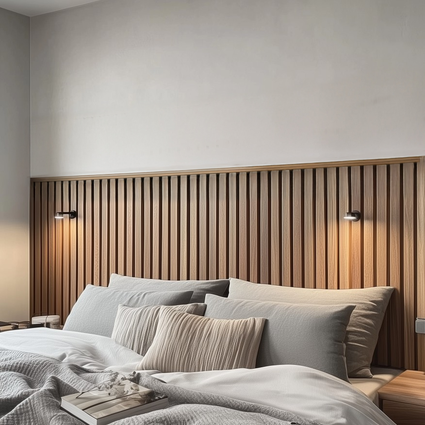Sänggavel i akustikpanel, höjd 140 cm, bredd 245 cm, träslag BRED valnöt