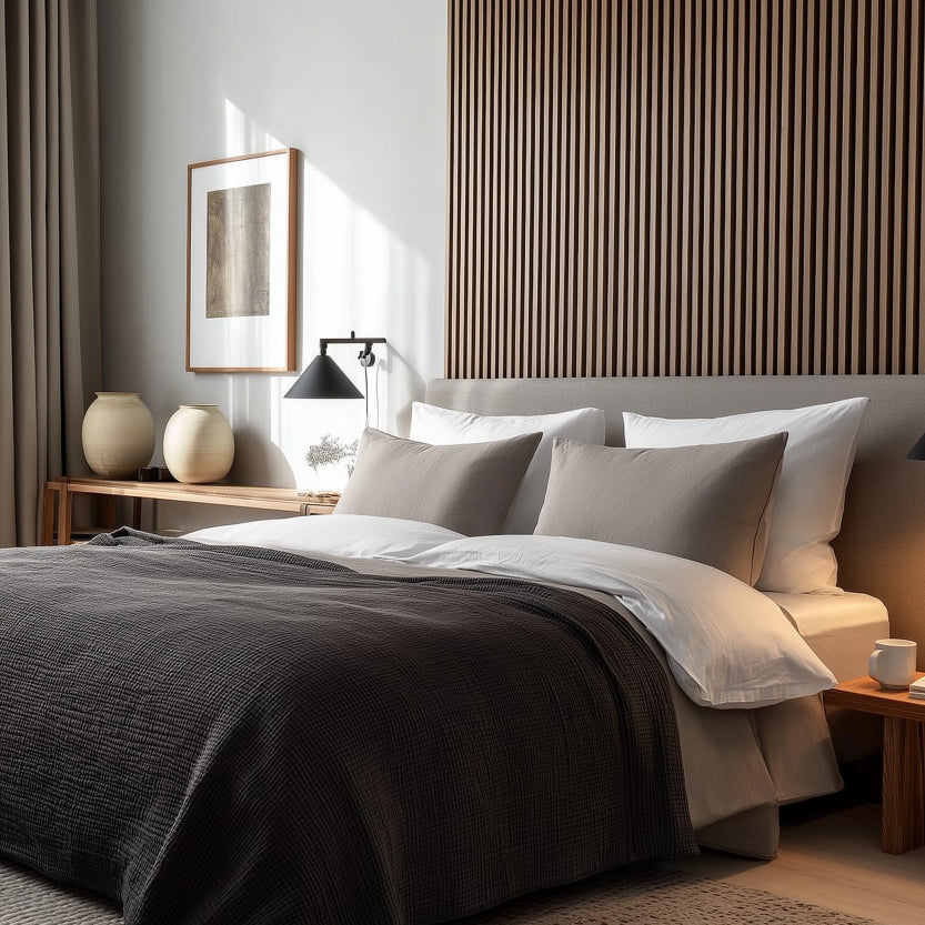 Sänggavel i akustikpanel, från golv till tak, bredd 185 cm, träslag ek (premiumutförande)