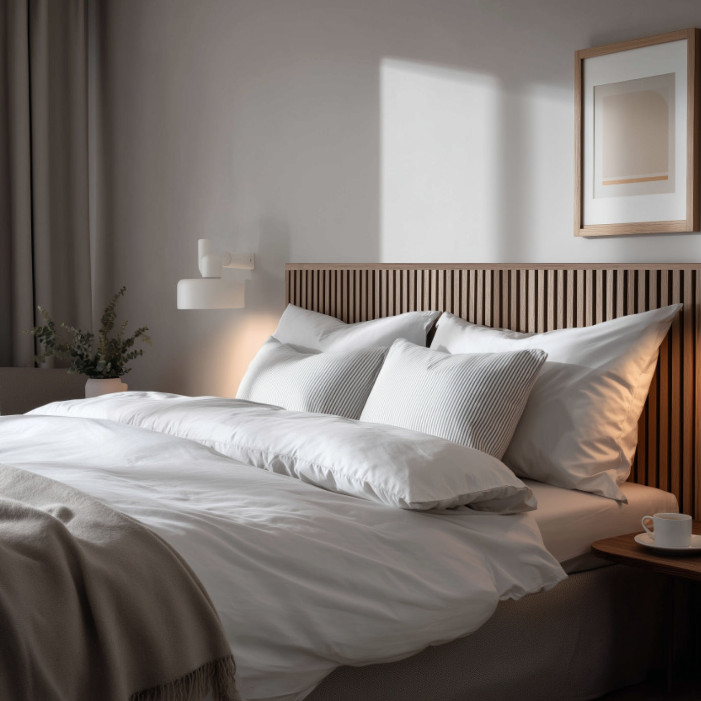 Sänggavel i akustikpanel, höjd 123 cm, bredd 245 cm, träslag Oljad Ek med beige mdf