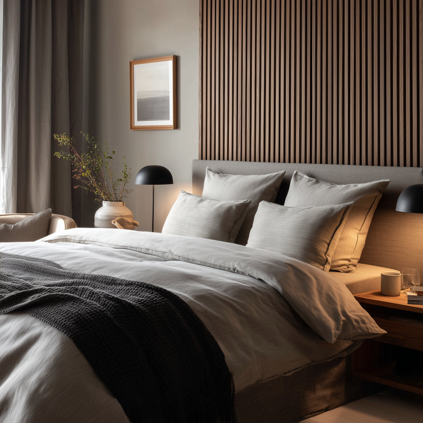 Sänggavel i akustikpanel, från golv till tak, bredd 245 cm, träslag Valnöt