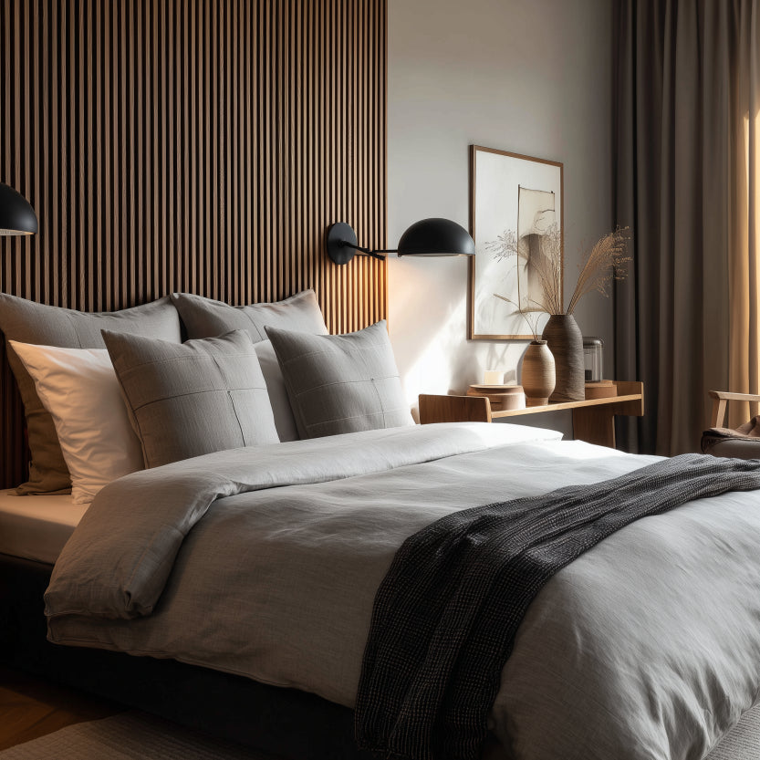 Sänggavel i akustikpanel, från golv till tak, bredd 245 cm, träslag BRED valnöt