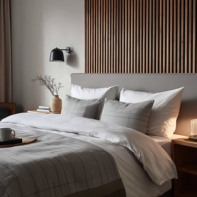 Sänggavel i akustikpanel, från golv till tak, bredd 245 cm, träslag BRED valnöt