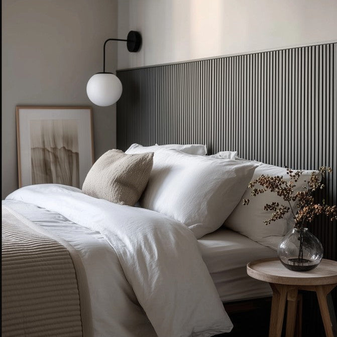 Sänggavel i akustikpanel, höjd 135 cm, bredd 185 cm, träslag Grå Ek