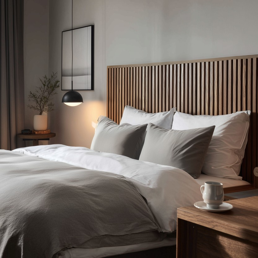 Sänggavel i akustikpanel, höjd 123 cm, bredd 245 cm, träslag Valnöt