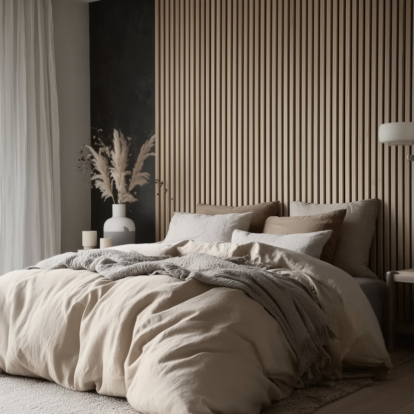 Sänggavel i akustikpanel, höjd 138 cm, bredd 245 cm, träslag ljus ek (premiumutförande)
